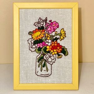 SOLD Vintage Floral Crewel Embroidery Framed Flower Bouquet Art